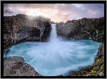 Islandia, Wodospad Aldeyjarfoss, Bazaltowe, Skały, Rzeka Skjalfandafljot, Chmury