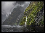 Góry, Mgła, Wodospad, Fiord, Doubtful Sound, Park Narodowy Fiordland, Nowa Zelandia