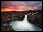 Islandia, Wodospad Aldeyjarfoss, Skały, Bazaltowe, Zachód słońca