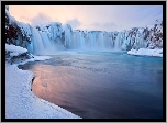 Rzeka, Wodospad Godafoss, Islandia, Zima, Śnieg