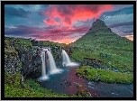 Wodospad, Rzeka, Góry, Zachód Słońca, Mostek, Islandia