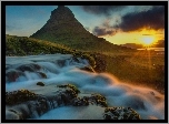 Wodospad, Góra, Wschód Słońca, Islandia