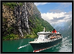 Norwegia, Fiord Sognefjord, Statek Queen Mary 2, Góry, Wodospad