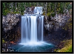 Wodospad Colonnade Falls, Rzeka Bechler River, Skały, Las, Drzewa, Park Narodowy Yellowstone, Stan Wyoming, Stany Zjednoczone