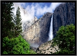 Stany Zjednoczone, Stan Kalifornia, Park Narodowy Yosemite, Wodospad, Drzewa, Góry