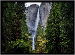 Góry, Drzewa, Skały, Wodospad, Upper Yosemite Falls, Park Narodowy Yosemite, Kalifornia, Stany Zjednoczone