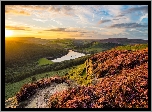 Park Narodowy Peak District, Skały, Bamford Edge, Wrzosowisko, Zachód słońca, Wzgórza, Jezioro, Ladybower Reservoir, Anglia
