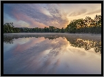 Wschód słońca, Drzewa, Las, Jezioro Sterenbachsee, Dolina Wittlicha, Niemcy