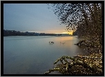 Wschód, Słońca, Jezioro, Drzewa
