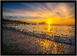 Wschód słońca, Morze, Molo, Plaża, Malibu, Kalifornia, Stany Zjednoczone