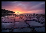 Wschód słońca, Morze, Mozaikowa skała, Tessellated Pavement, 
Zatoka Piratów, Eaglehawk Neck, Tasmania, Australia