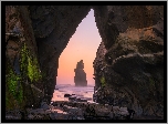 Wschód słońca, Morze, Skały, Skała Elephant Rock, Okno skalne, Dystrykt Taranaki, Nowa Zelandia
