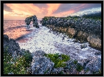 Wschód słońca, Morze, Łuk skalny, Skały, Playa de La Huelga, Villahormes, Asturia, Hiszpania