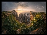 Hiszpania, Kantabria, Morze, Wybrzeże, Costa Quebrada, Skały, Zachód słońca, Chmury, Błyskawica, Piorun, Człowiek