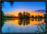 Jezioro, Wysepka, Drzewa, Las, Trawa, Zachód, Słońca