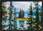 Kanada, Park Narodowy Jasper, Drzewa, Góry, Jezioro, Maligne Lake, Wyspa Spirit Island