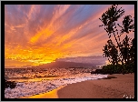 Hawaje, Wyspa Maui, Morze, Palmy, Zachód słońca, Plaża
