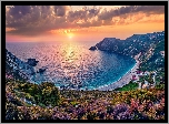 Morze, Zatoka, Plaża, Góry, Zachód słońca, Chmury, Petani Beach, Wyspa Kefalonia, Grecja