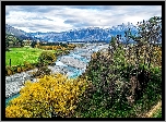 Rzeka Clarence River, Region Canterbury, Wyspa Południowa, Nowa Zelandia, Góry, Drzewa, Chmury

