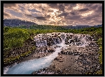 Niebo, Chmury, Wzgórza, Wodospad Bruarfoss Waterfall, Zachód słońca, Rzeka Bruara, Islandia
