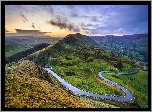 Wzgórza, Wzgórze Mam Tor, Kręta, Droga, Niebo, Chmury, Wyżyna Peak District, Derbyshire, Anglia