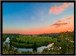 Wzgórza, Rzeka, Drzewa, Zachód, Słońca