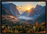 Dolina, Lasy, Góry, Wschód słońca, Mgła, Yosemite Valley, Park Narodowy Yosemite, Kalifornia, Stany Zjednoczone, Grafika AI