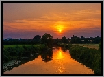 Zachód, Słońca, Rzeka, Łąki, Drzewa