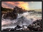 Zachód słońca, Morze, Formacja skalna, Bombo Headland Quarry, Skały, Drzewa, Bombo, Kiama, Australia