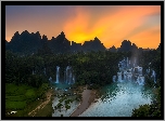 Wodospad, Ban Gioc Waterfall, Jezioro, Rzeka, Cao Bang, Góry, Zachód słońca, Wietnam