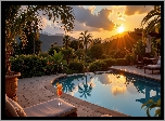 Basen, Palmy, Leżaki, Zachód słońca, Góry