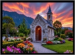Kościół, Kwiaty, Ogród, Zachód słońca, Góry