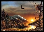 Góry, Zachód słońca, Ptaki, Terry Avon Redlin