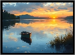 Jezioro, Łódka, Trzciny, Zachód słońca, Grafika