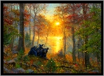 Zachód, Słońca, Las, Misie