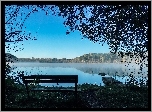 Zachód, Słońca, Jezioro, Ławka, Mgła, Drzewa