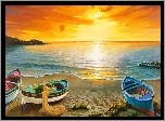 Łódki, Morze, Plaża, Zachód, Słońca