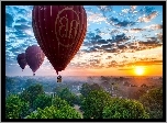 Zachód Słońca, Balony, Niebo, Chmury