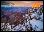 Zachód słońca, Kanion, Śnieg, Wielki Kanion Kolorado, Park Narodowy Wielkiego Kanionu, Stany Zjednoczone