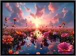 Kwiaty, Woda, Odbicie, Zachód słońca, Grafika AI
