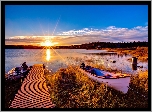 Zachód, Słońca, Jezioro, Brzeg, Łódki, Pomost
