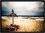 Zachód, Słońca, Morze, Plaża, Leżaki, Parasol, Wakacje
