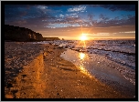Zachód słońca, Plaża, Morze, Promienie słońca