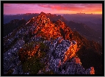 Zachód słońca, Skały, Szczyty, Góry, Arthur Range, Tasmania, Australia