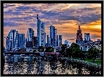 Zachód Słońca, Drapacze Chmur, Rzeka, Miasto, Niemcy, Frankfurt