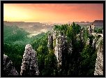 Zachód, Słońca, Skały, Drzewa