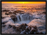 Zachód słońca, Morze, Skały, Thors Well, Wybrzeże, Cape Perpetua, Stan Oregon, Stany Zjednoczone