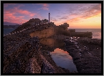 Morze, Skały, Latarnia morska, Castlepoint Lighthouse, Zachód słońca, Castlepoint, Nowa Zelandia