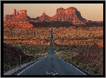 Zachód słońca, Droga, Jesień, Skały, Dolina Pomników, Wyżyna Colorado, Monument Valley, Stan Utah, Stany Zjednoczone