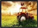 Zachód, Słońca, Traktor, Kogut